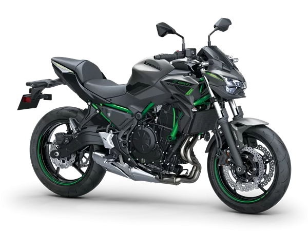 Productfoto 2023 Kawasaki Z650 matgrijs met groen op witte achtergrond.