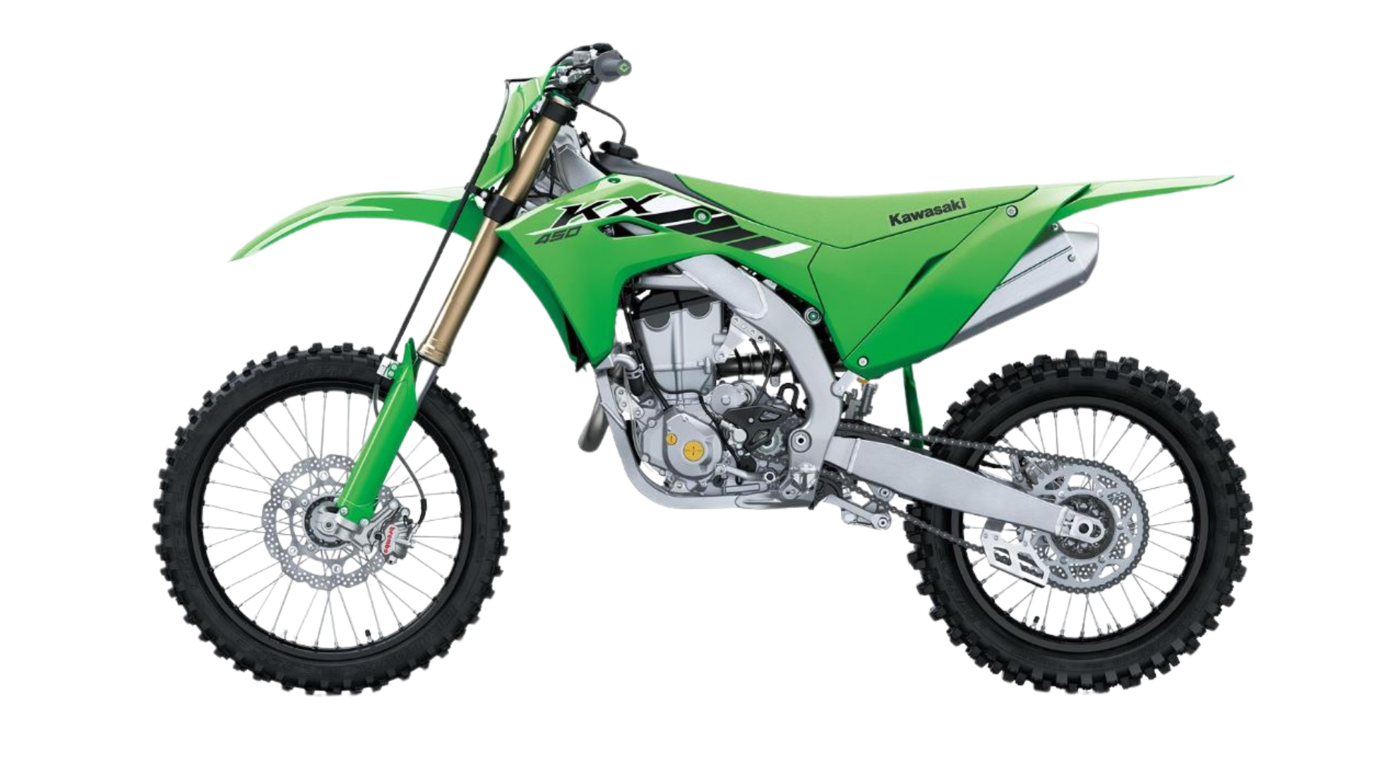 Kawasaki motorcrossmotor in een witte studio.