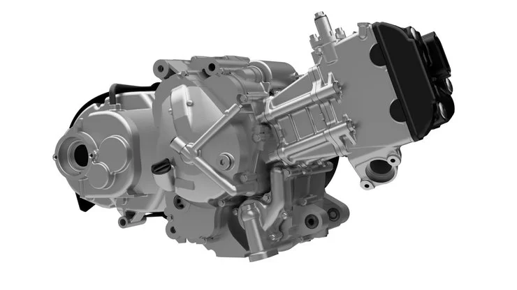 studioillustratie van een motorblok van een motorscooter van de Burgman 400 van Suzuki