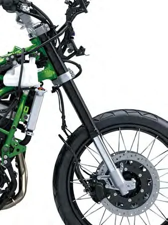 KYB 43 mm upside-down voorvork en 21-inch voorwiel van de Kawasaki KLE650