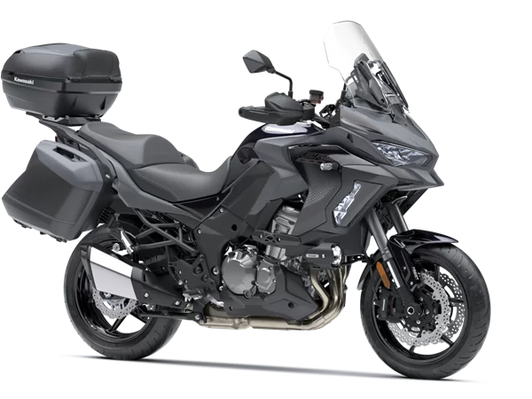Grijze Kawasaki adventure tourer met accessoire pakket