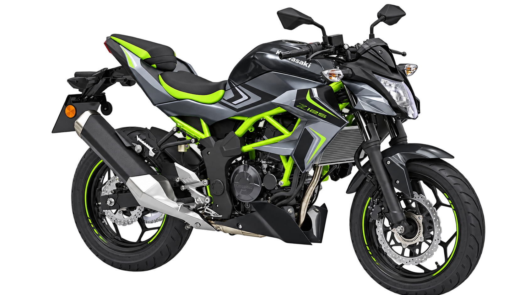 Kawasaki Z125 voor rijbewijs A1, vrijstaand in zwart en groen