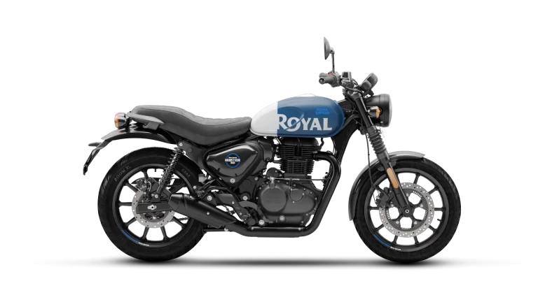 Productfoto Royal Enfield Hunter 350 Rebel Blue op witte achtergrond