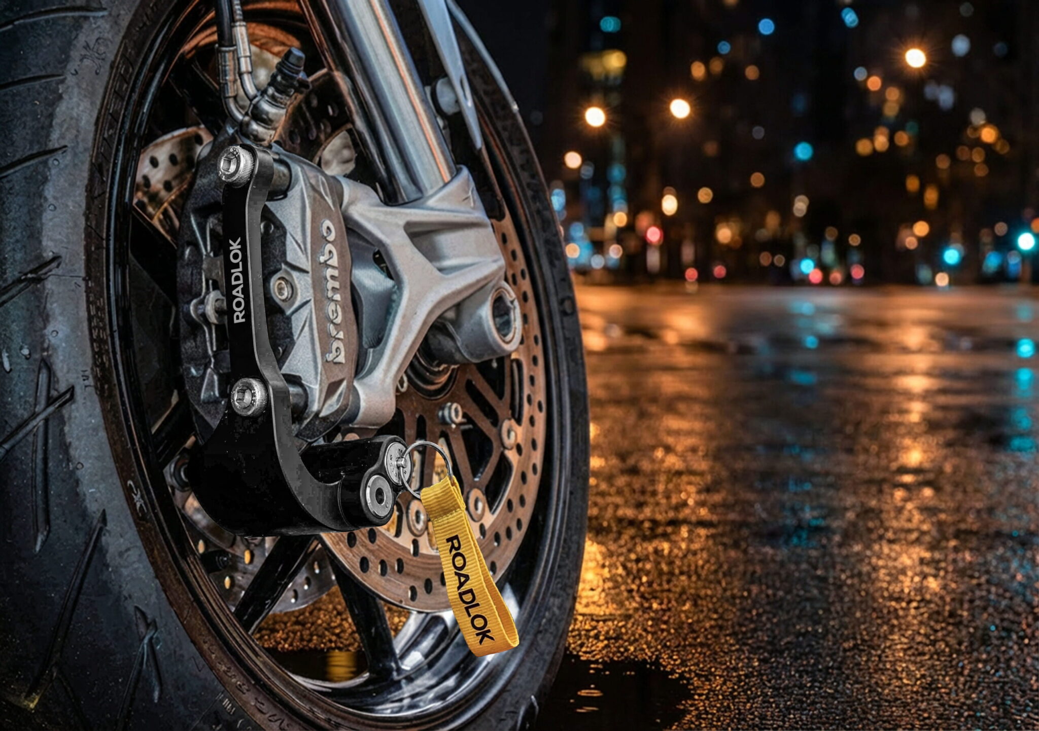 ROADLOK remschijfslot gemonteerd bij een Brembo-voorremklauw met gele sleutelhanger