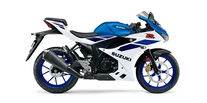 Blauwe GSX-R125 in een witte studio.