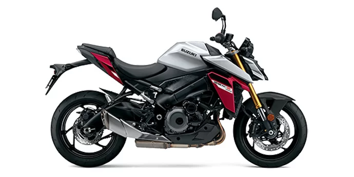 grijs met rode Suzuki baked bike in witte studio