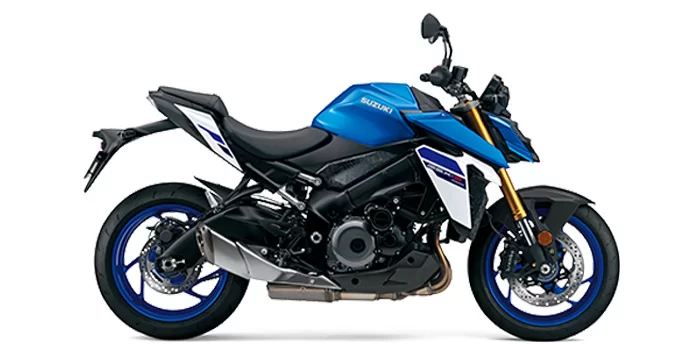 blauwe Suzuki naked bike in witte studio