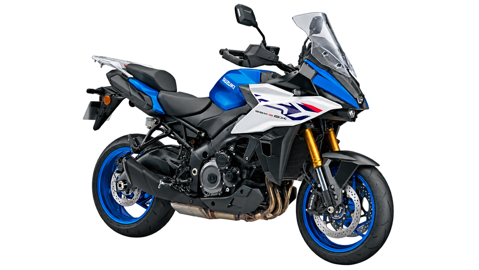 Suzuki GSX-S1000GX in blauw en wit, vrijstaand zonder achtergrond