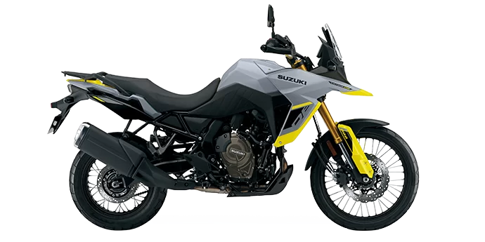 Grijze Suzuki V-Strom in een witte studio.