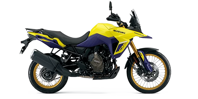Gele Suzuki V-Strom in een witte studio