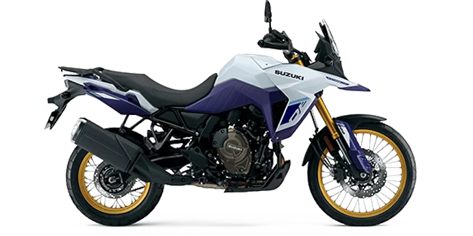 Witte Suzuki V-Strom in een witte studio