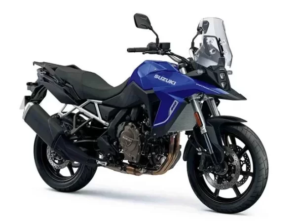 Blauwe Suzuki V-Strom in een witte studio